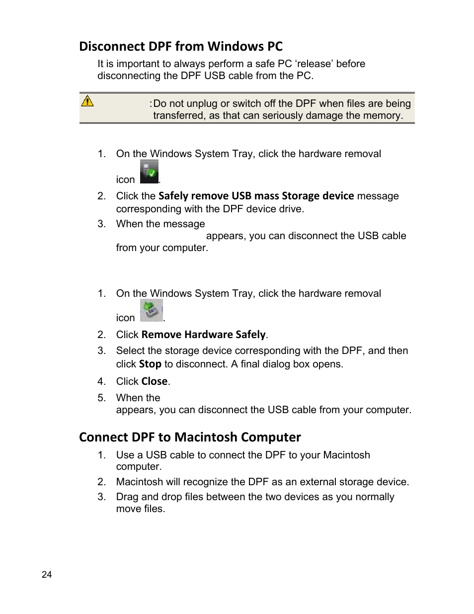 Disconnect dpf from windows pc, Connect dpf to macintosh computer | Pandigital PI9001DW User Manual | Page 24 / 30