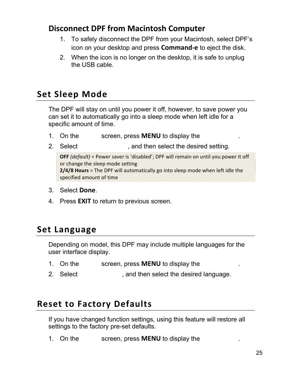 Set sleep mode, Set language, Reset to factory defaults | Disconnect dpf from macintosh computer | Pandigital PI9001DW User Manual | Page 25 / 30