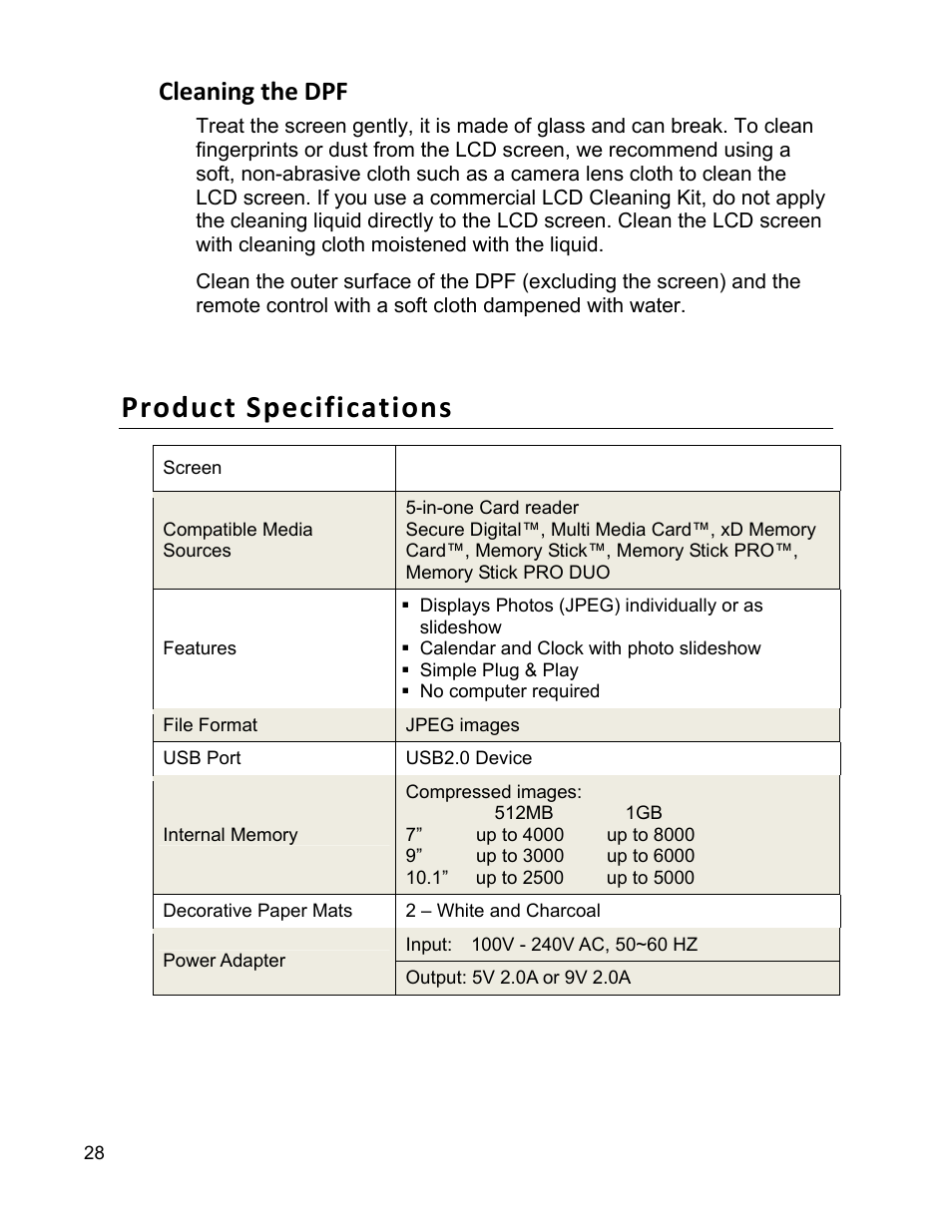 Product specifications, Cleaning the dpf | Pandigital PI9001DW User Manual | Page 28 / 30