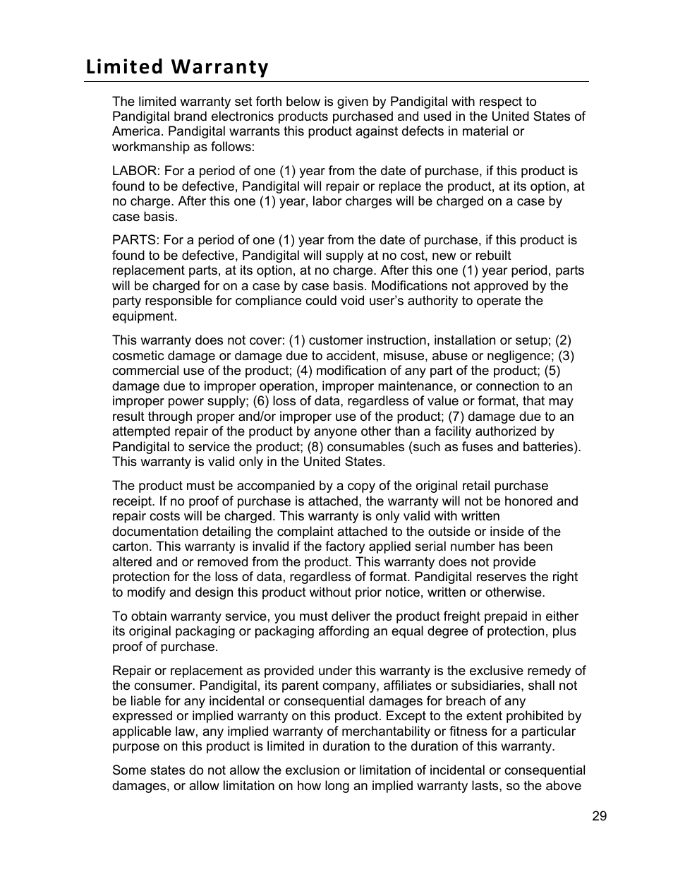 Limited warranty | Pandigital PI9001DW User Manual | Page 29 / 30