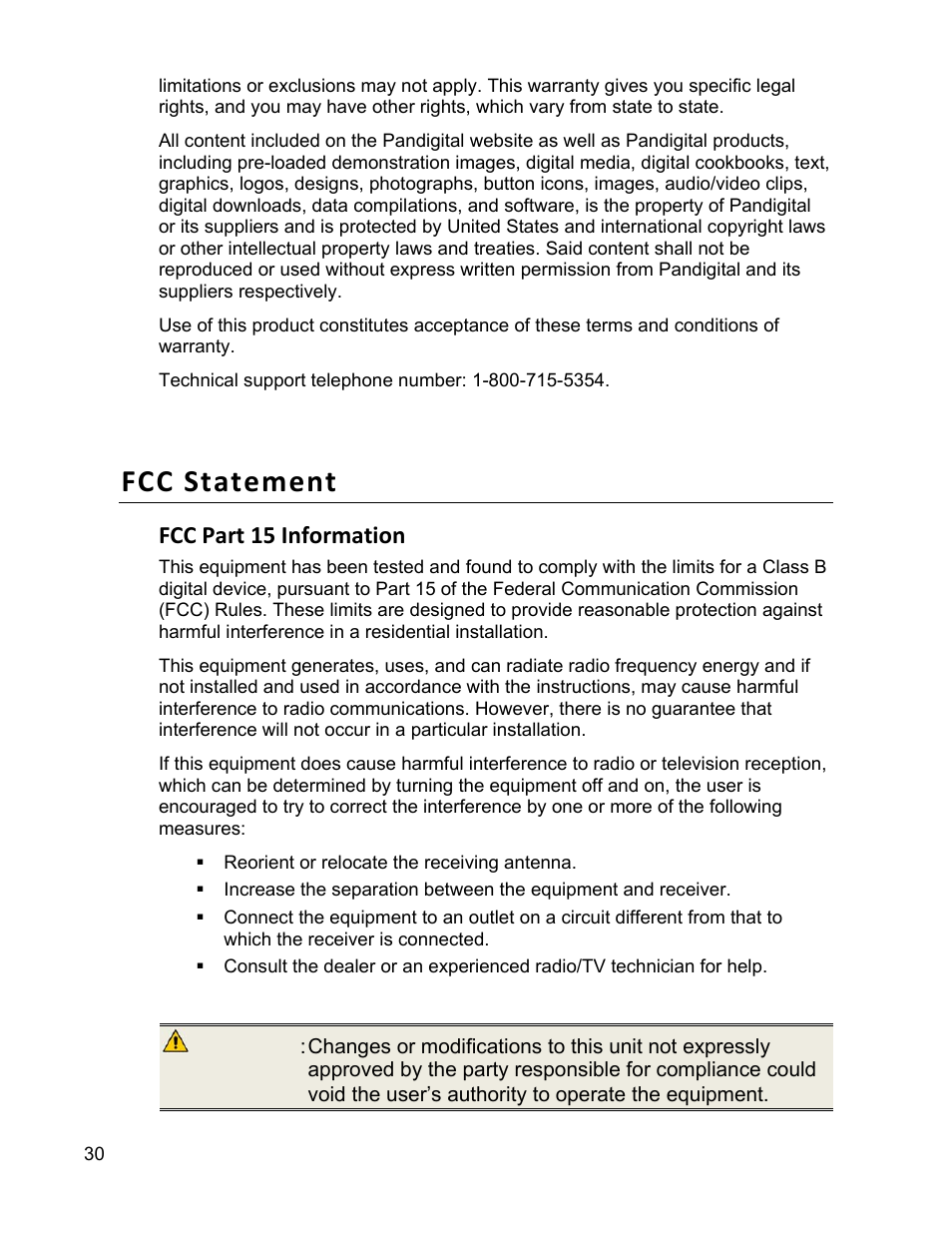 Fcc statement, Fcc part 15 information | Pandigital PI9001DW User Manual | Page 30 / 30