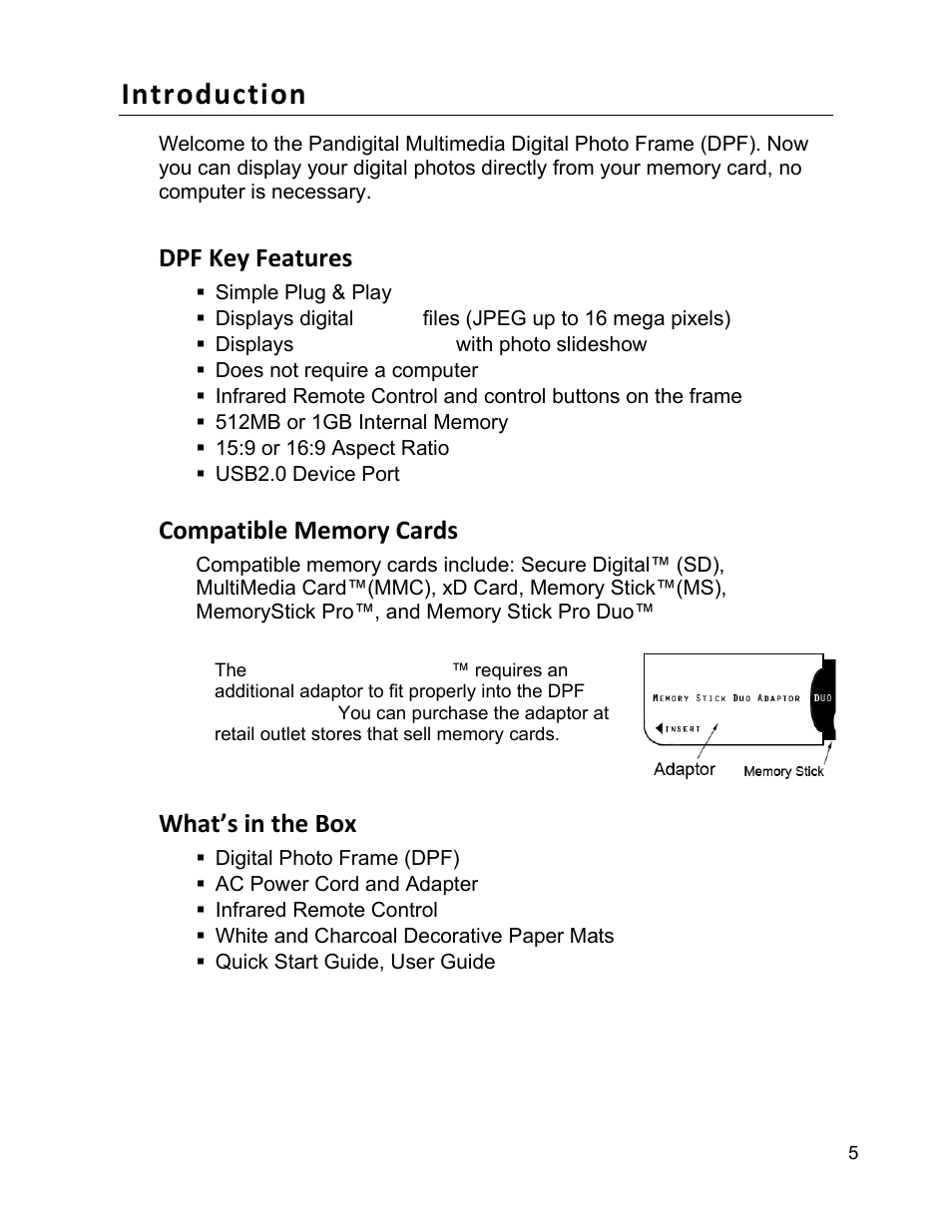 Introduction, Dpf key features, What’s in the box | Pandigital PI9001DW User Manual | Page 5 / 30