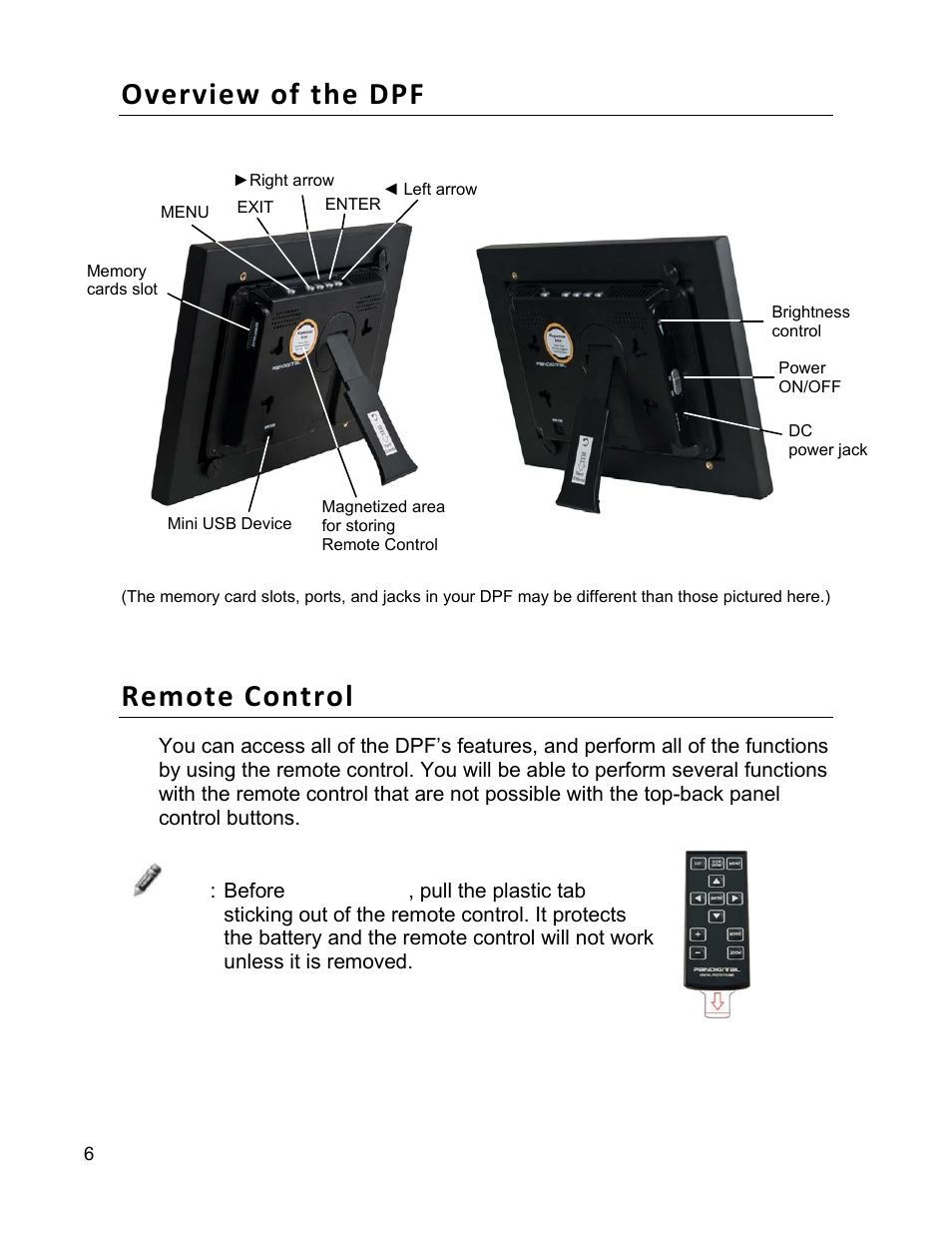 Overview of the dpf, Remote control | Pandigital PI9001DW User Manual | Page 6 / 30