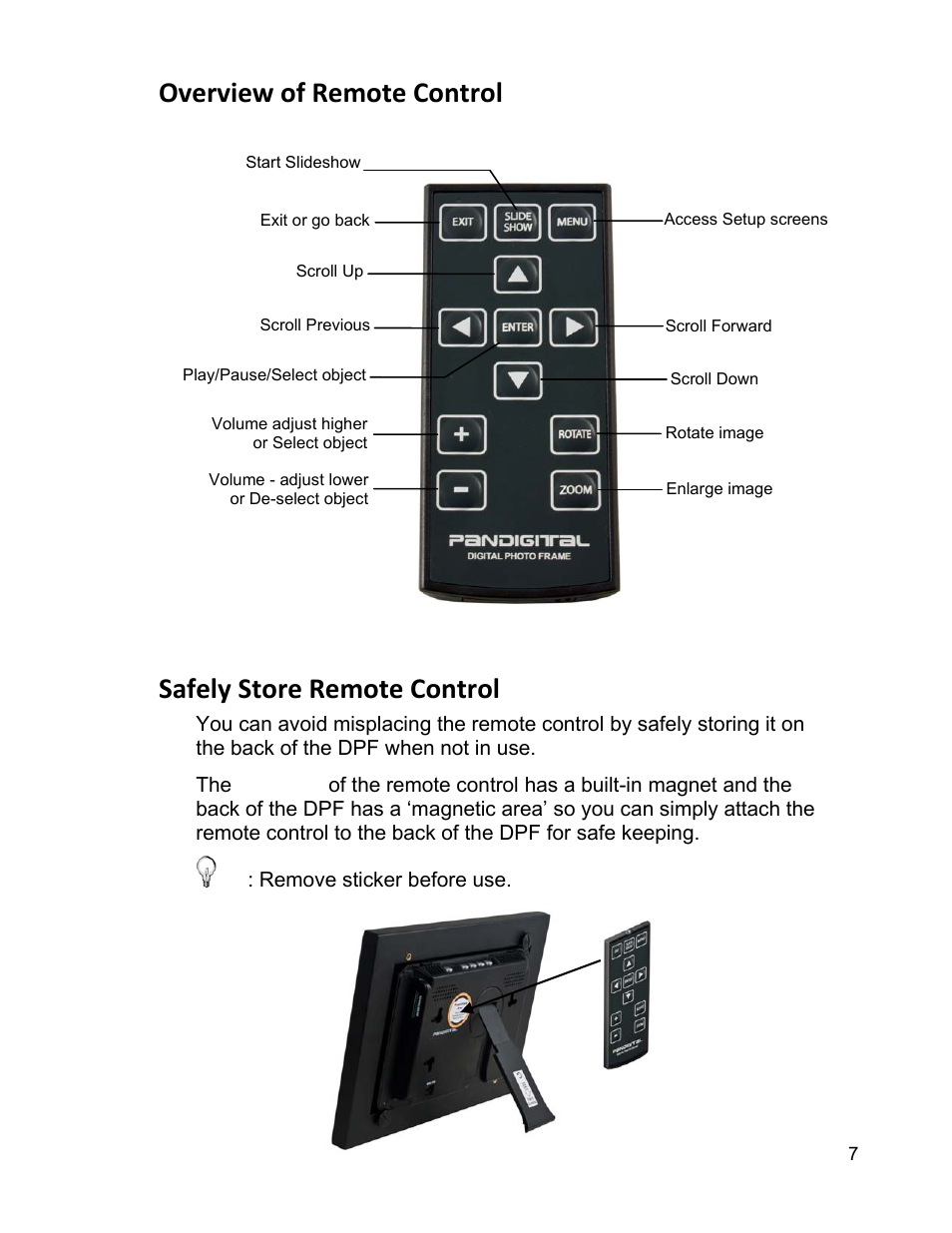 Overview of remote control, Safely store remote control | Pandigital PI9001DW User Manual | Page 7 / 30