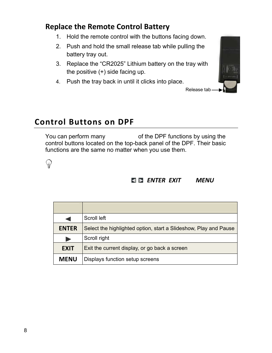 Control buttons on dpf, Replace the remote control battery | Pandigital PI9001DW User Manual | Page 8 / 30