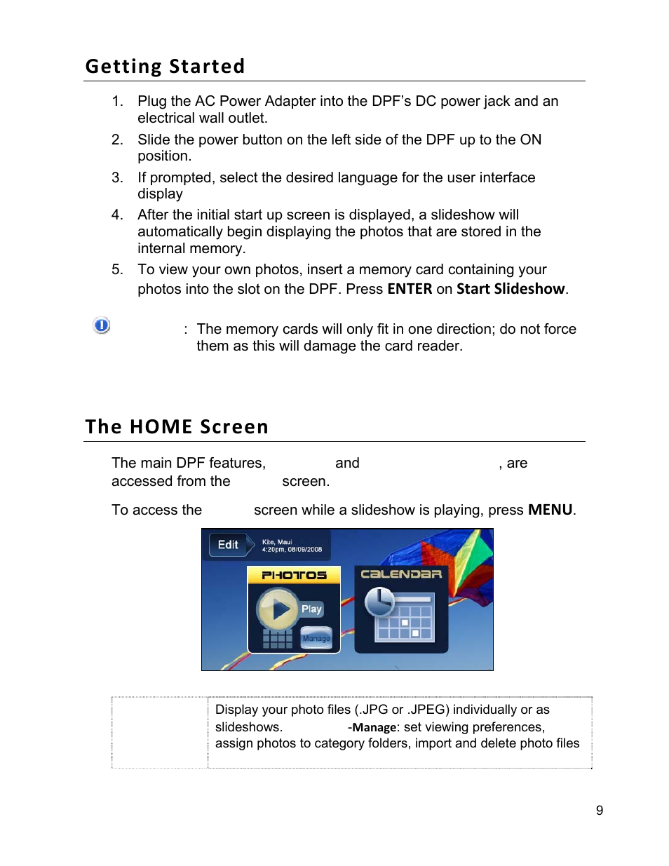 Getting started, The home screen | Pandigital PI9001DW User Manual | Page 9 / 30