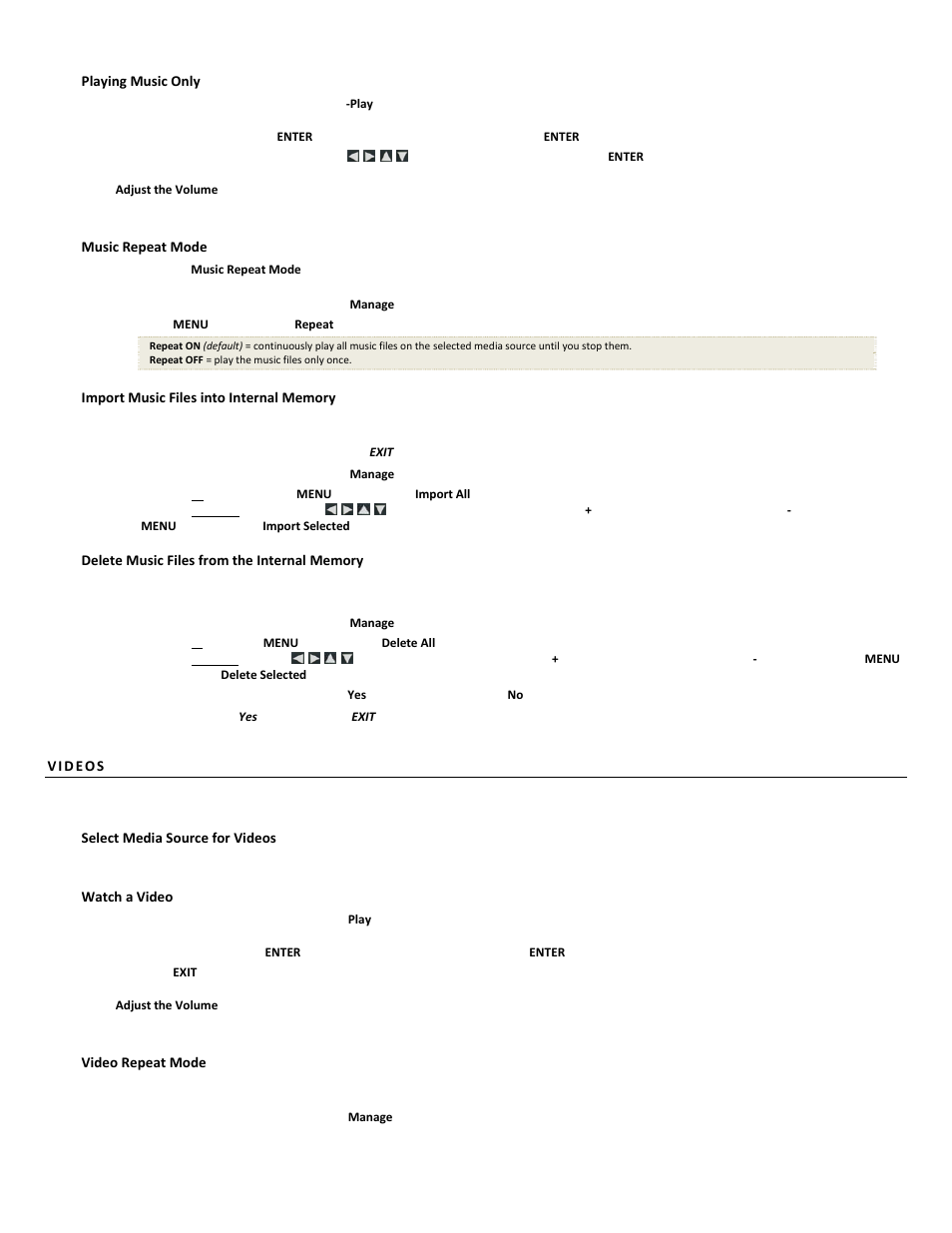 Playing music only, Music repeat mode, Select media source for videos | Watch a video, Video repeat mode | Pandigital PI1051DWCB User Manual | Page 12 / 67