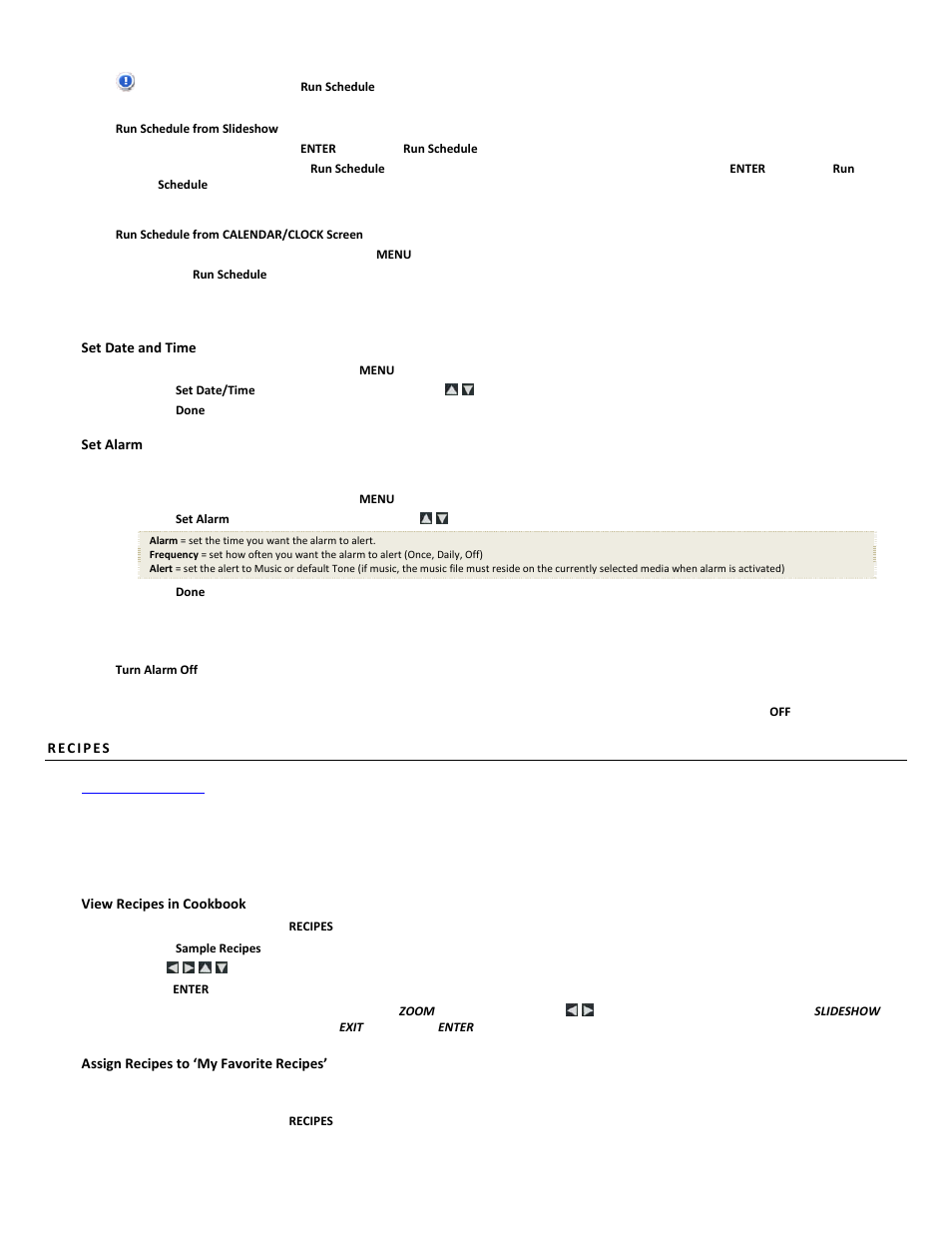 Set date and time, Set alarm, View recipes in cookbook | Assign recipes to ‘my favorite recipes | Pandigital PI1051DWCB User Manual | Page 14 / 67