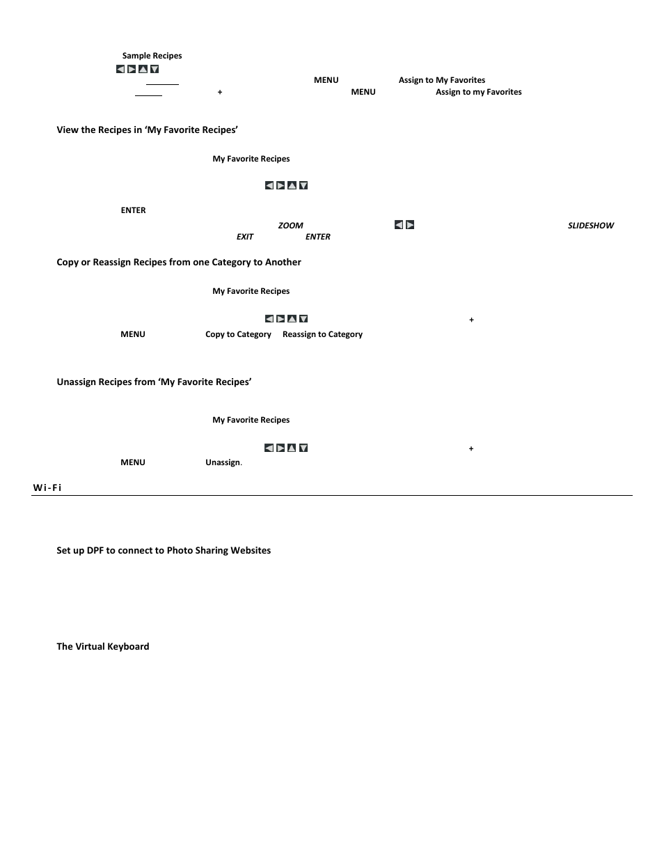 View the recipes in ‘my favorite recipes, Unassign recipes from ‘my favorite recipes, W i - f i | Set up dpf to connect to photo sharing websites, The virtual keyboard | Pandigital PI1051DWCB User Manual | Page 15 / 67