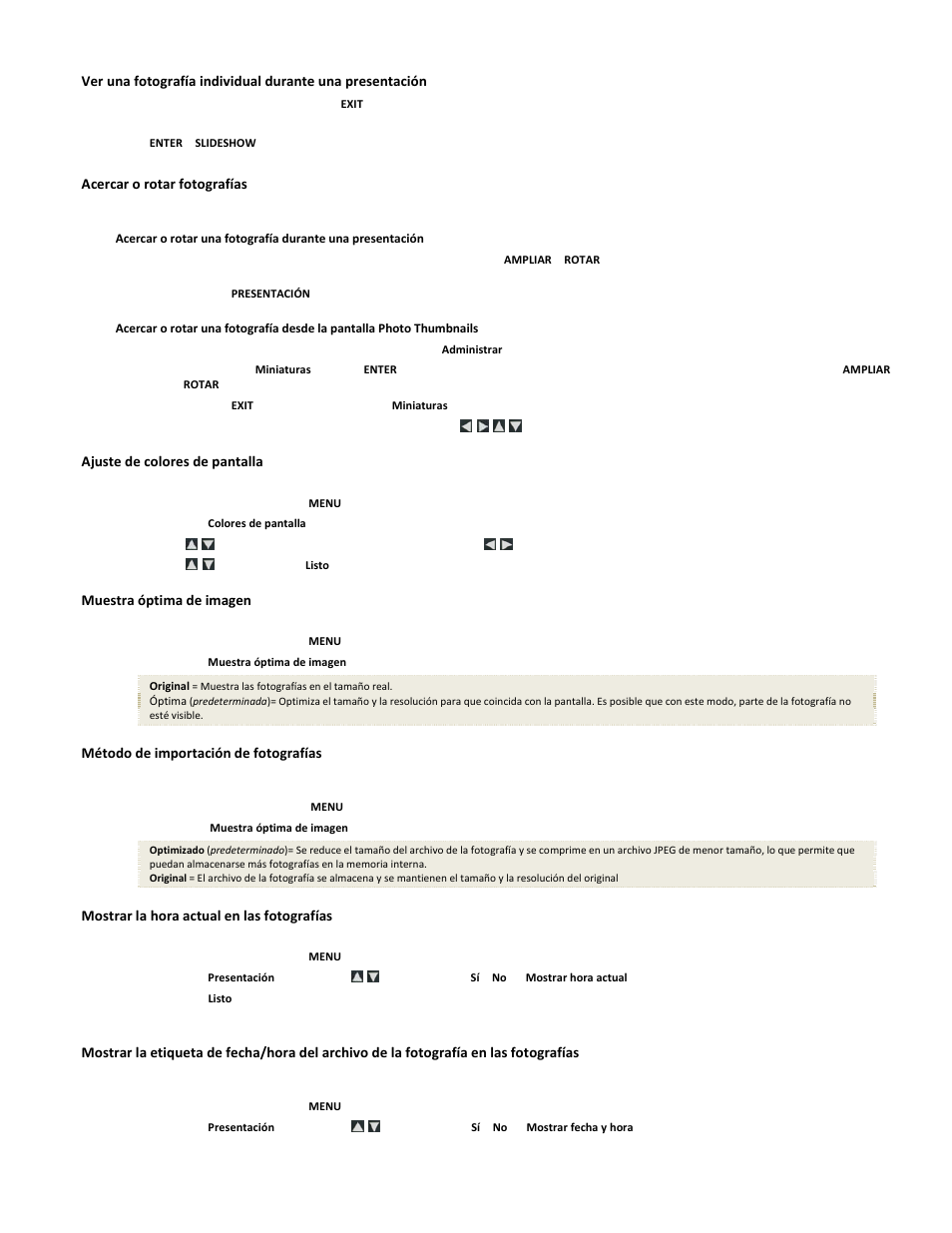 Acercar o rotar fotografías, Ajuste de colores de pantalla, Muestra óptima de imagen | Método de importación de fotografías, Mostrar la hora actual en las fotografías | Pandigital PI1051DWCB User Manual | Page 52 / 67