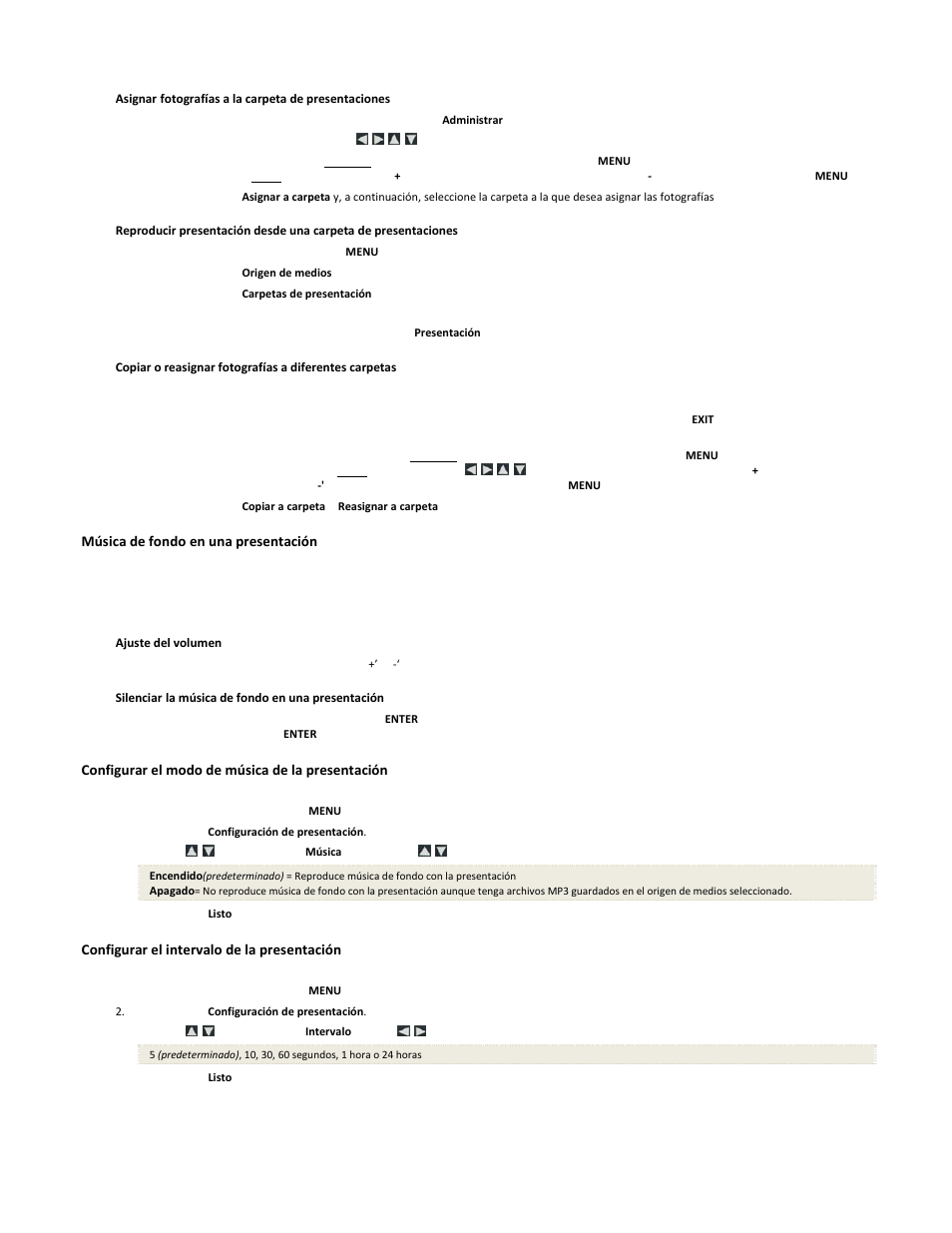 Música de fondo en una presentación, Configurar el modo de música de la presentación, Configurar el intervalo de la presentación | Pandigital PI1051DWCB User Manual | Page 54 / 67