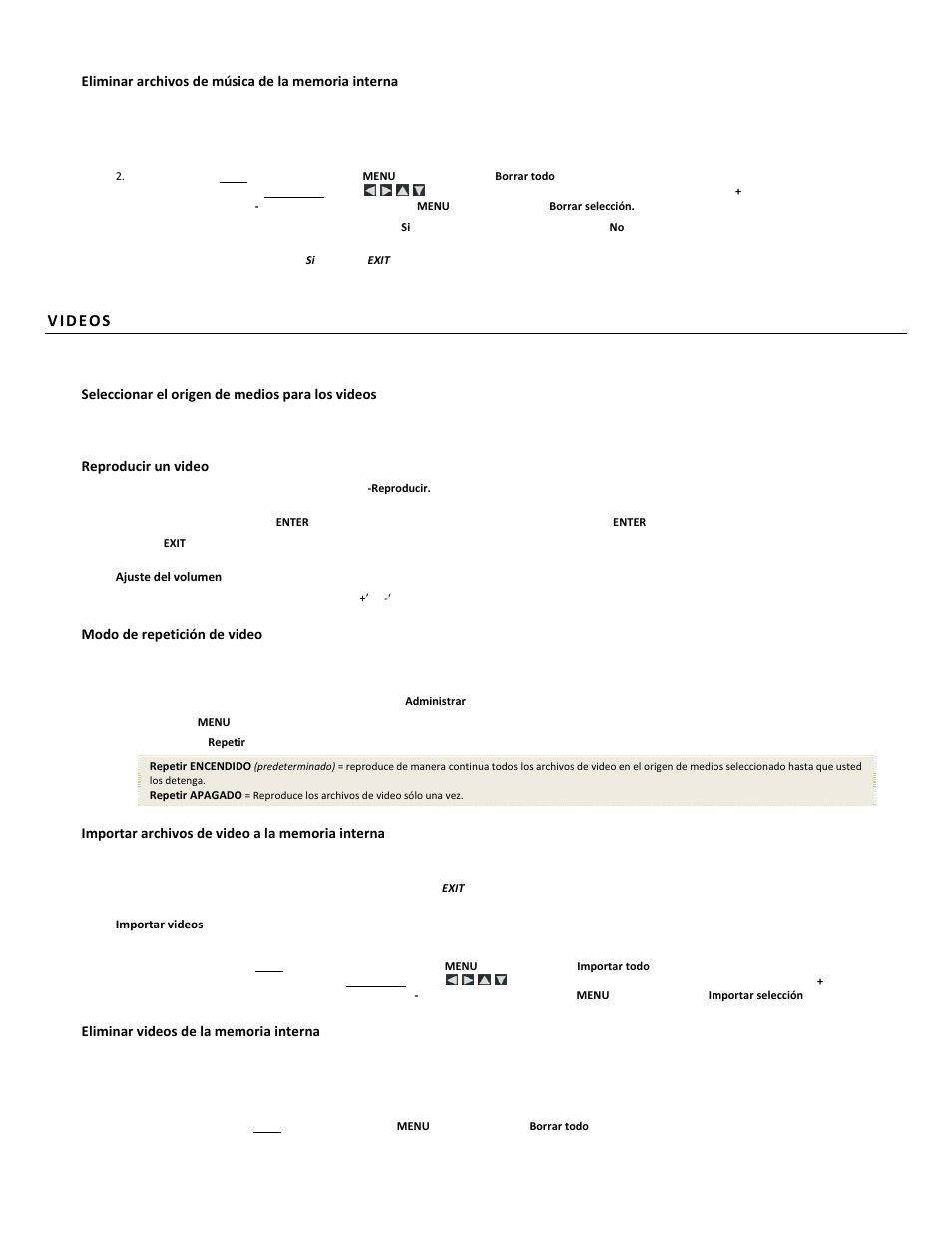 Seleccionar el origen de medios para los videos, Reproducir un video, Modo de repetición de video | Pandigital PI1051DWCB User Manual | Page 56 / 67