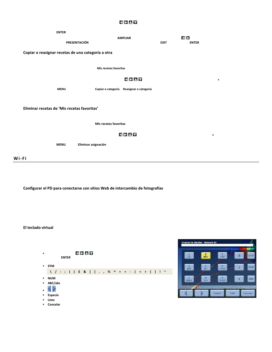 W i - f i, Copiar o reasignar recetas de una categoría a otra, Eliminar recetas de ‘mis recetas favoritas | El teclado virtual | Pandigital PI1051DWCB User Manual | Page 59 / 67