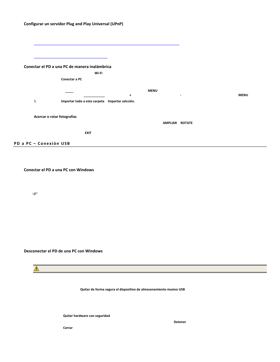 Conectar el pd a una pc de manera inalámbrica, Conectar el pd a una pc con windows, Desconectar el pd de una pc con windows | Pandigital PI1051DWCB User Manual | Page 63 / 67