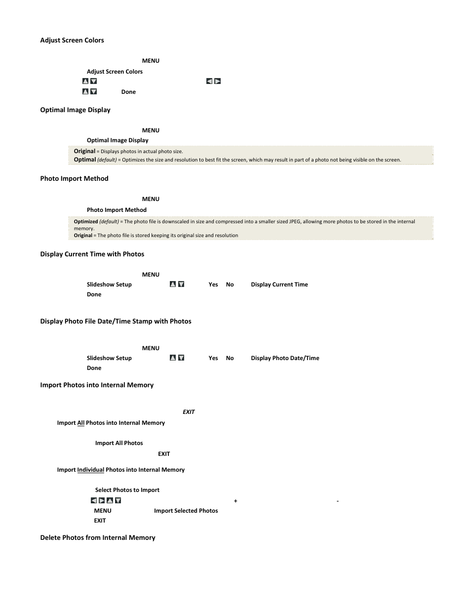 Adjust screen colors, Optimal image display, Photo import method | Display current time with photos, Display photo file date/time stamp with photos | Pandigital PI1051DWCB User Manual | Page 9 / 67