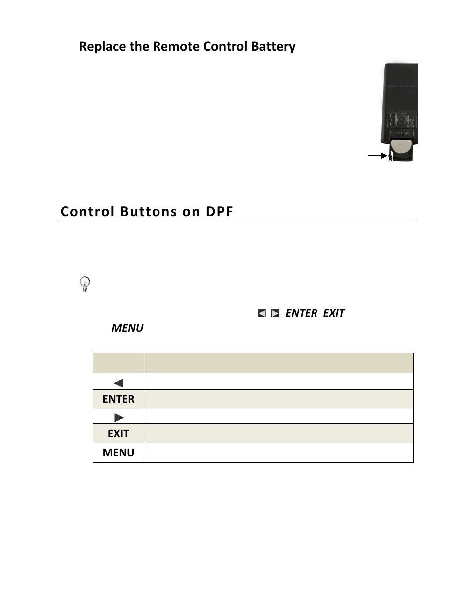 Control buttons on dpf, Replace the remote control battery | Pandigital PI8004W01 User Manual | Page 10 / 54