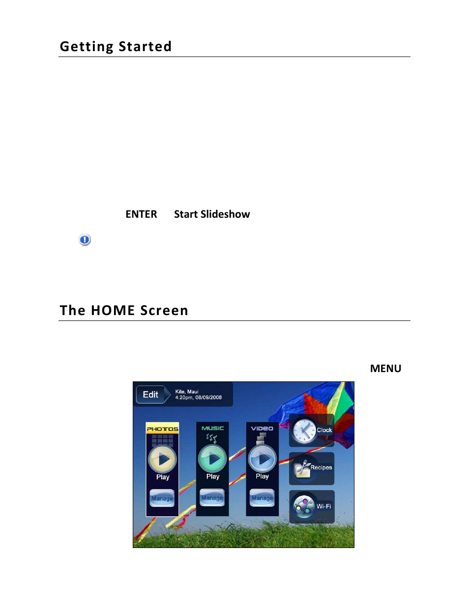 Getting started, The home screen | Pandigital PI8004W01 User Manual | Page 11 / 54