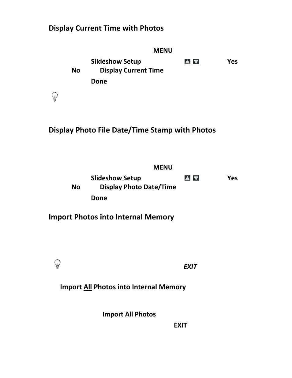 Display current time with photos, Display photo file date/time stamp with photos | Pandigital PI8004W01 User Manual | Page 17 / 54