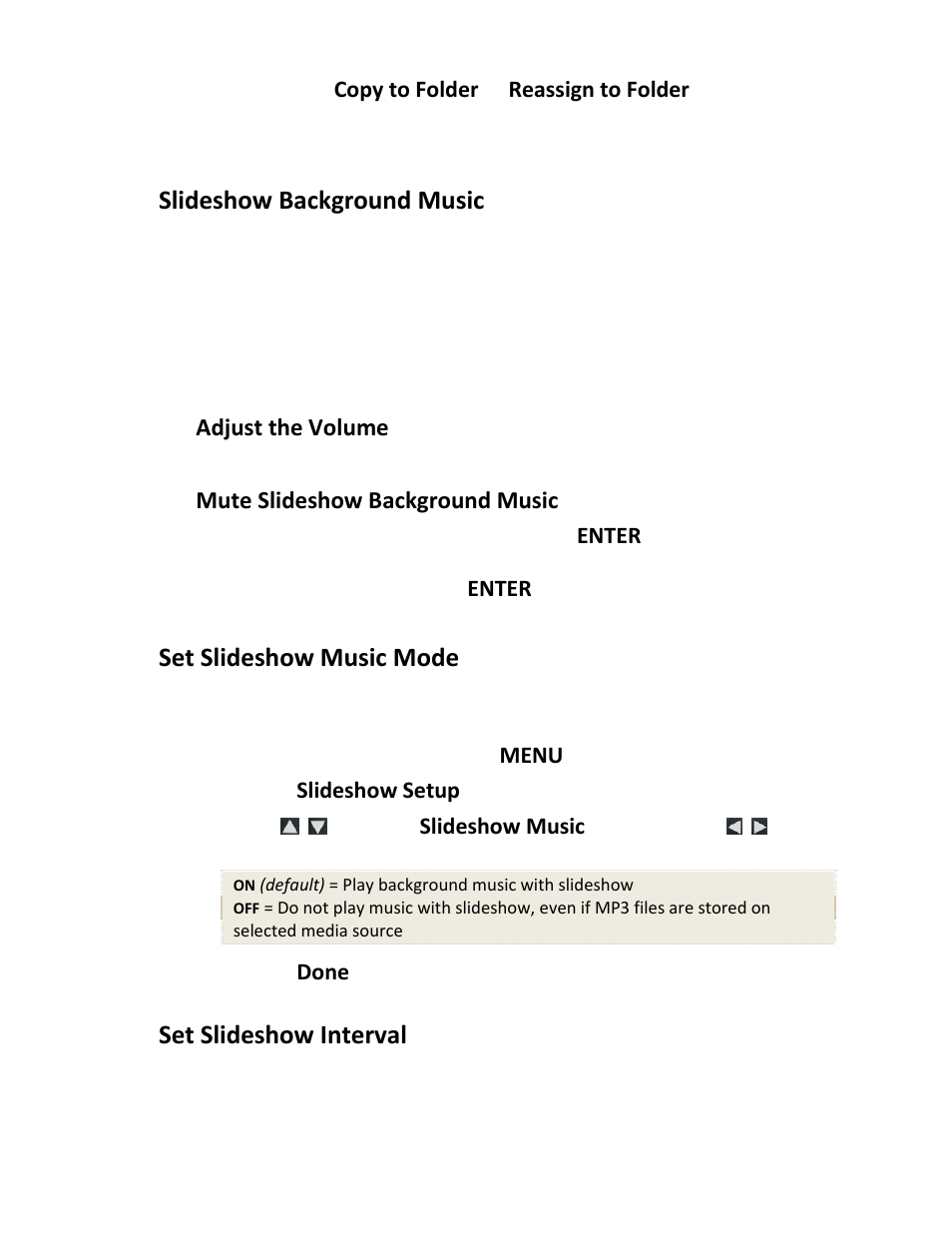 Slideshow background music, Set slideshow music mode, Set slideshow interval | Adjust the volume, Mute slideshow background music | Pandigital PI8004W01 User Manual | Page 21 / 54