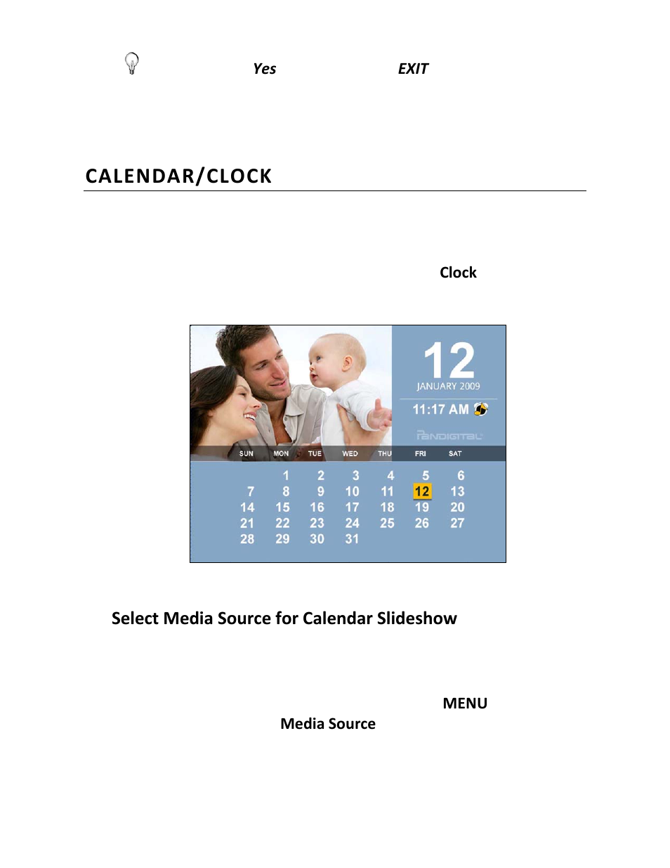 Calendar/clock, Select media source for calendar slideshow | Pandigital PI8004W01 User Manual | Page 27 / 54