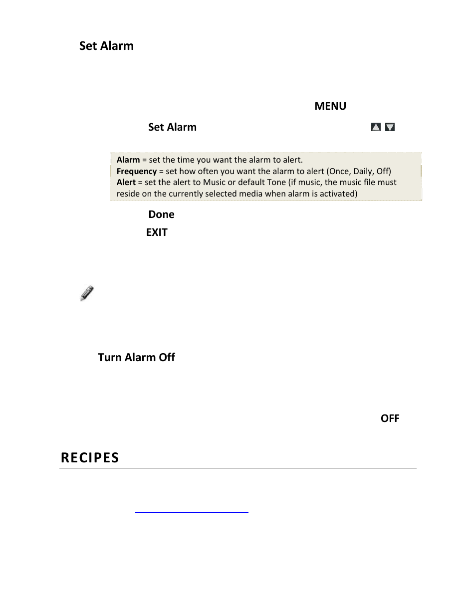 Recipes, Set alarm, Turn alarm off | Pandigital PI8004W01 User Manual | Page 30 / 54