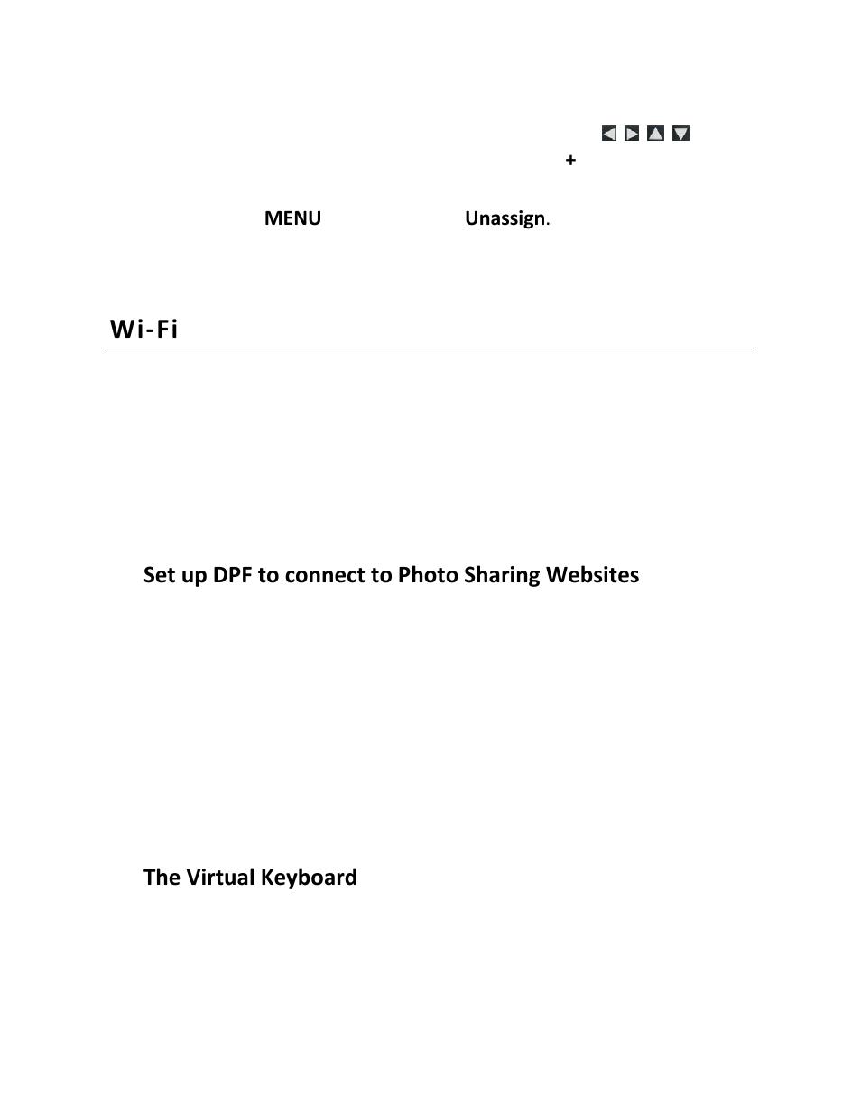 Wi-fi, Set up dpf to connect to photo sharing websites, The virtual keyboard | Pandigital PI8004W01 User Manual | Page 34 / 54