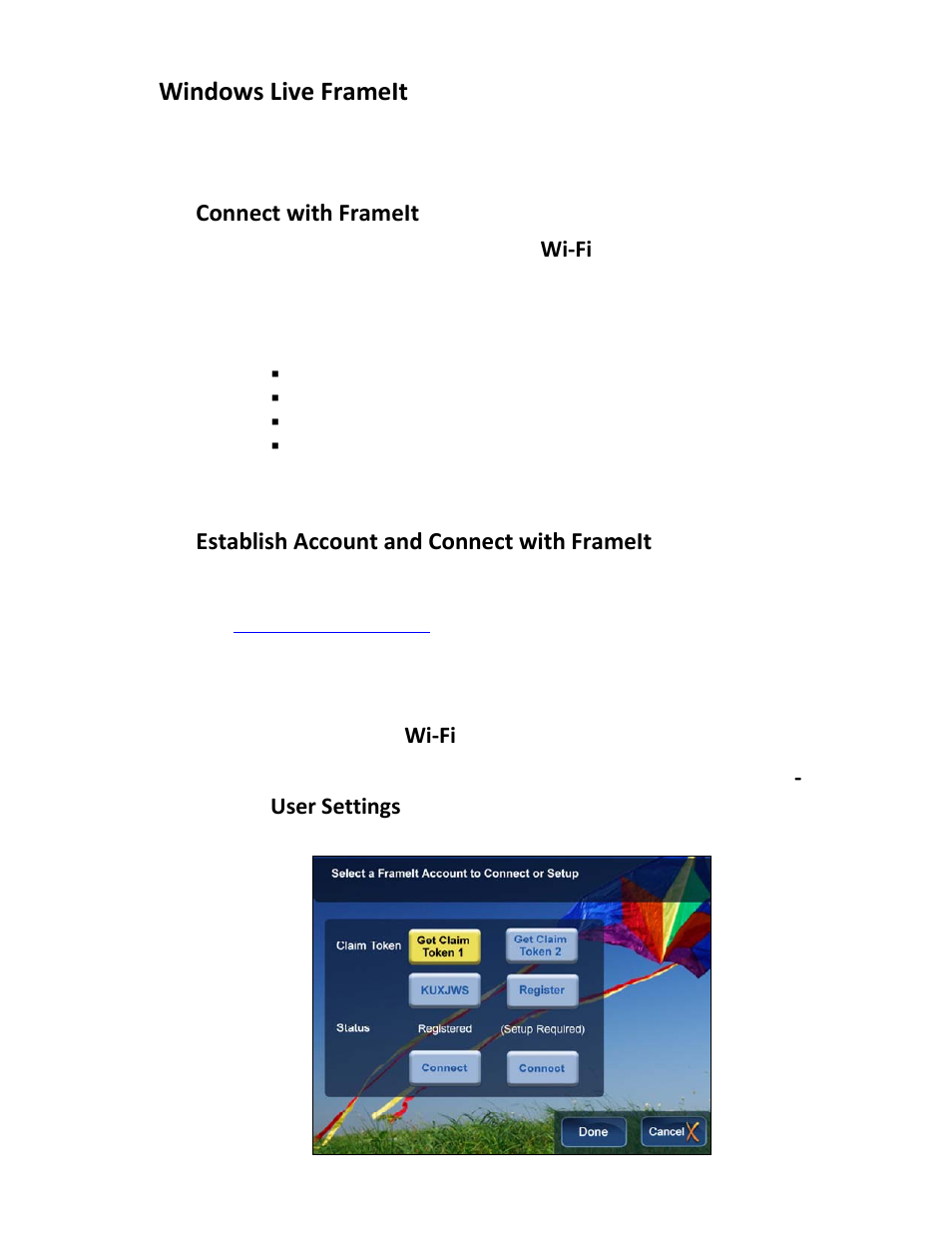 Windows live frameit, Connect with frameit, Establish account and connect with frameit | Pandigital PI8004W01 User Manual | Page 38 / 54