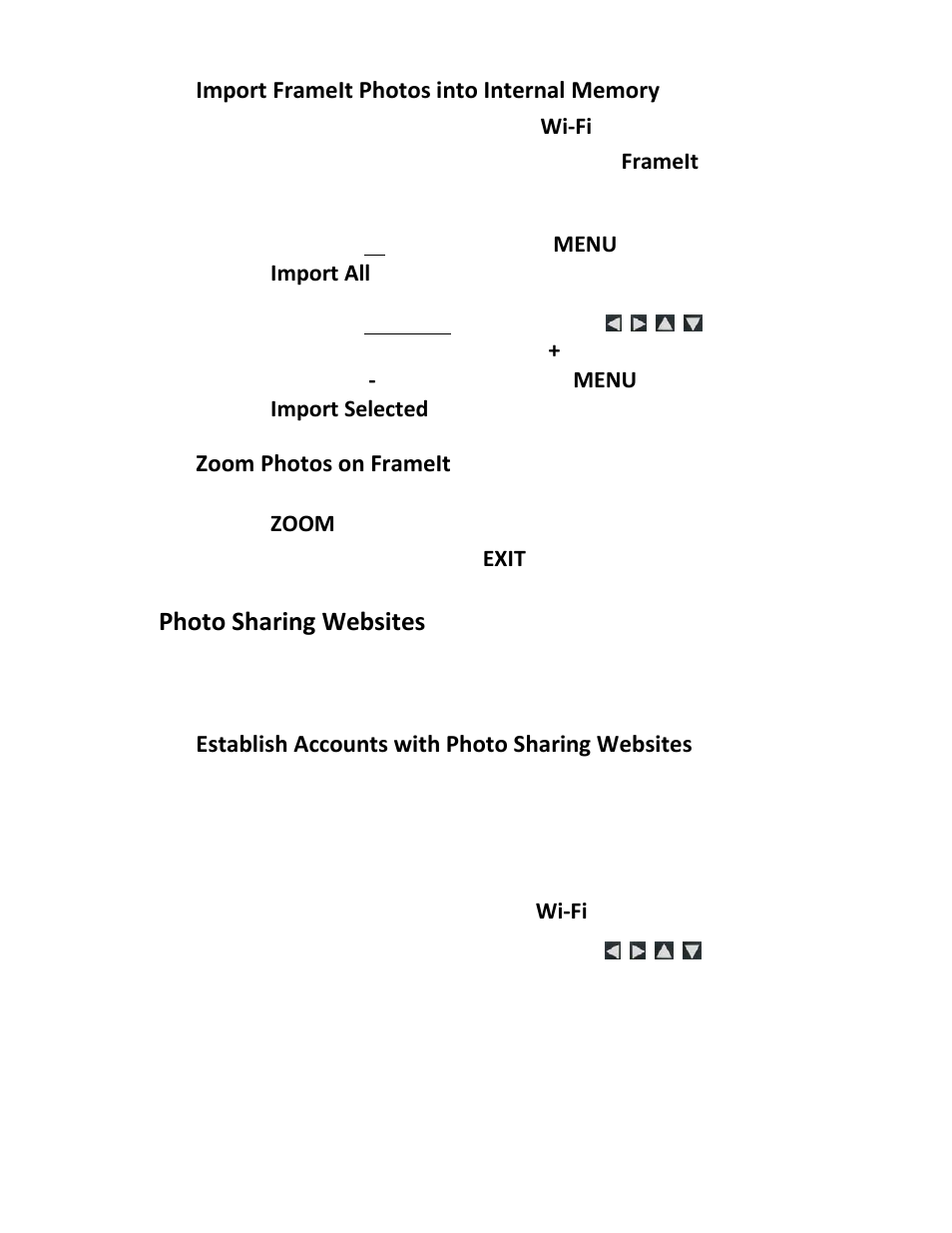 Photo sharing websites, Zoom photos on frameit, Establish accounts with photo sharing websites | Pandigital PI8004W01 User Manual | Page 40 / 54