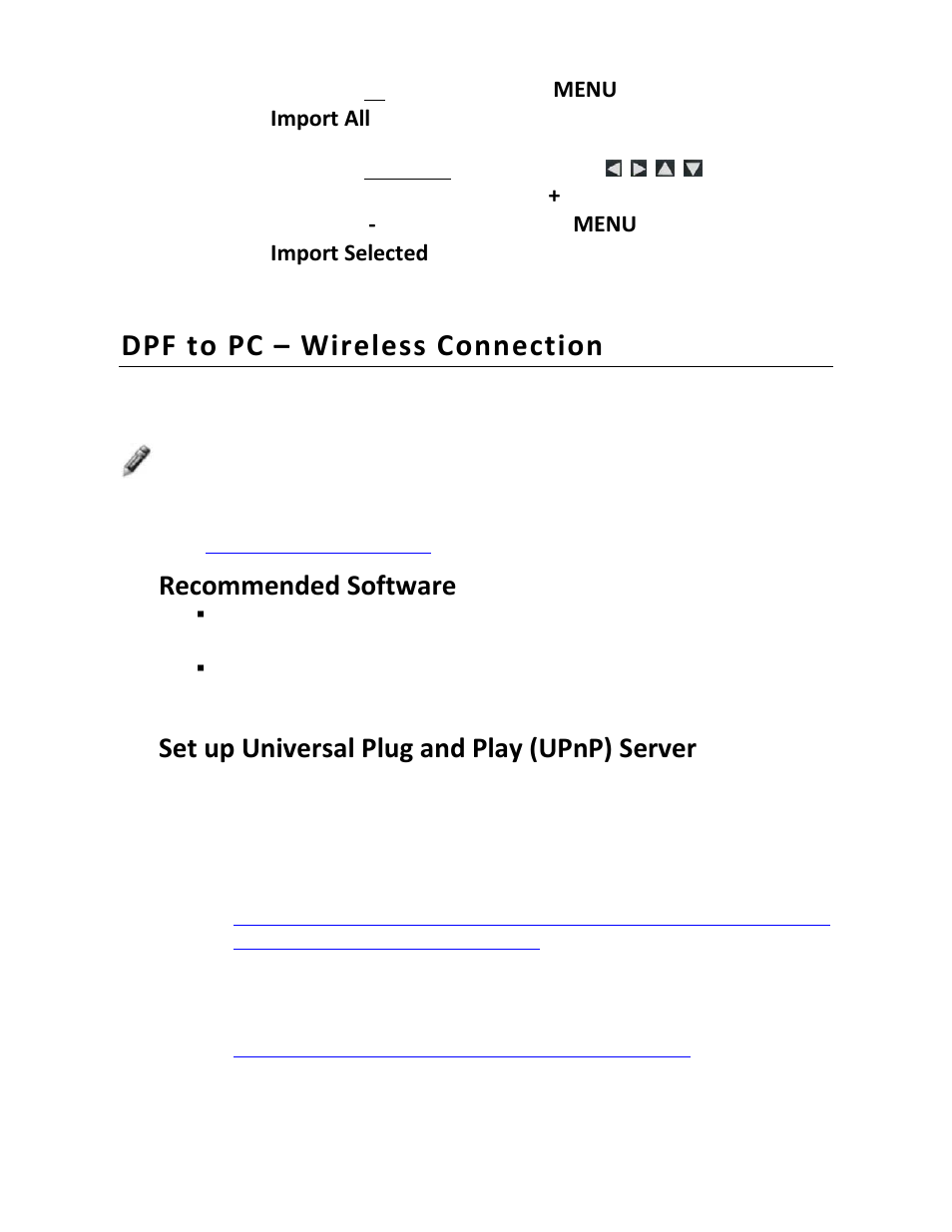 Dpf to pc – wireless connection, Recommended software, Set up universal plug and play (upnp) server | Pandigital PI8004W01 User Manual | Page 42 / 54