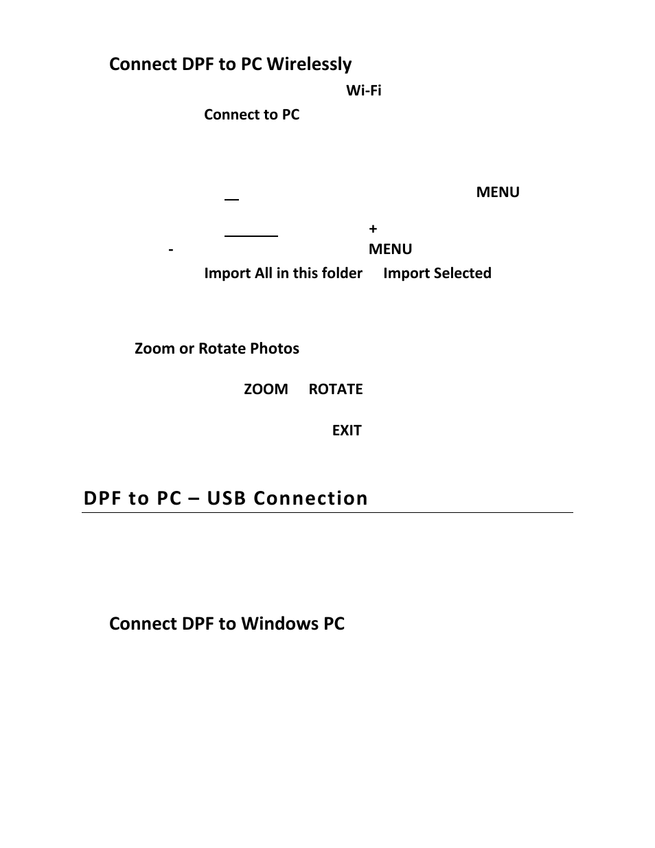 Dpf to pc – usb connection, Connect dpf to pc wirelessly, Connect dpf to windows pc | Pandigital PI8004W01 User Manual | Page 43 / 54