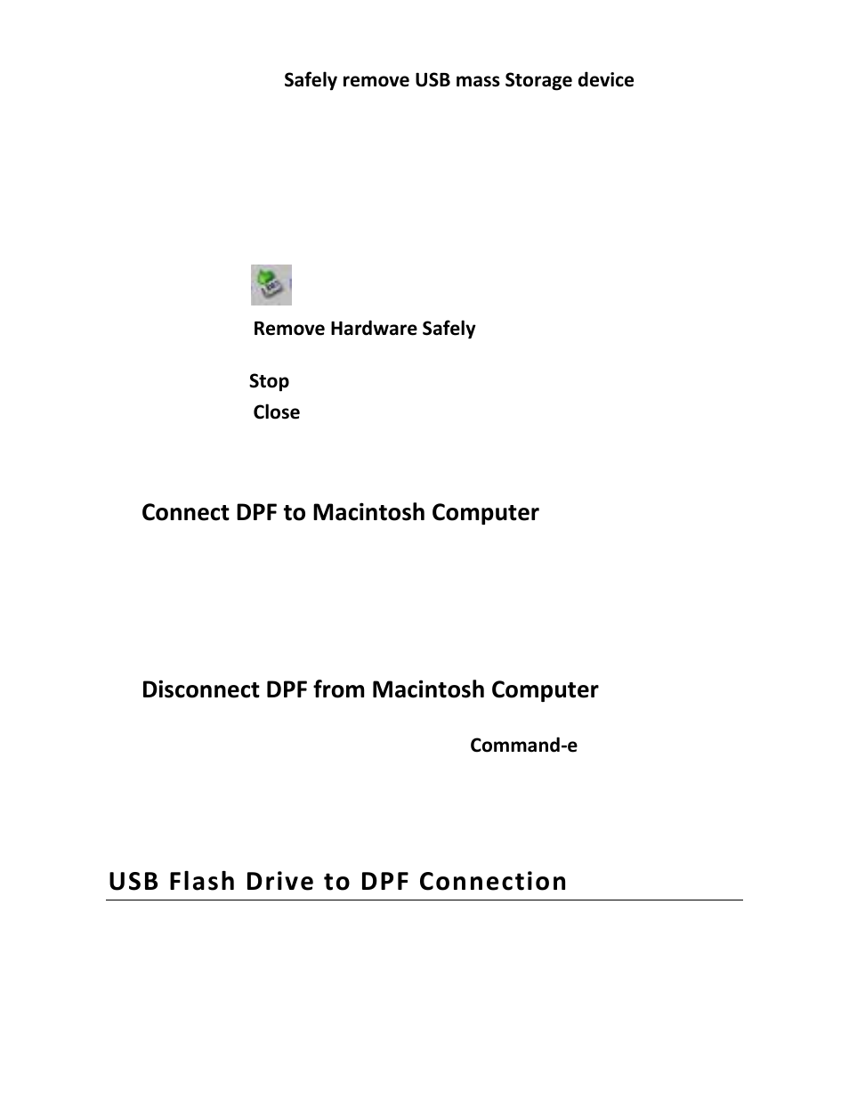 Usb flash drive to dpf connection, Connect dpf to macintosh computer, Disconnect dpf from macintosh computer | Pandigital PI8004W01 User Manual | Page 46 / 54