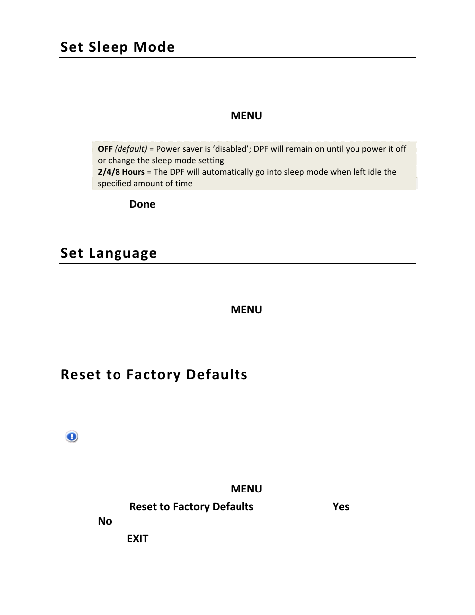 Set sleep mode, Set language, Reset to factory defaults | Pandigital PI8004W01 User Manual | Page 48 / 54