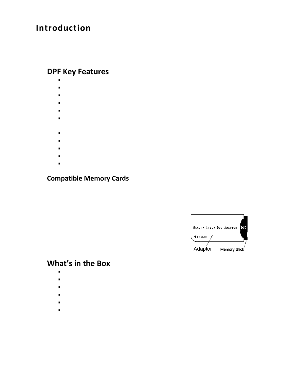 Introduction, Dpf key features, What’s in the box | Pandigital PI8004W01 User Manual | Page 7 / 54