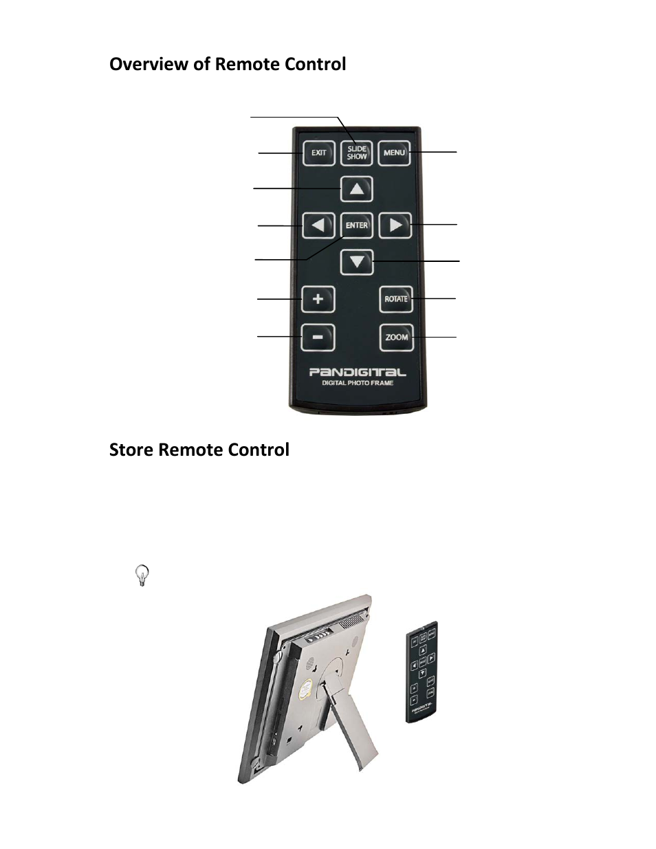 Overview of remote control, Store remote control | Pandigital PI8004W01 User Manual | Page 9 / 54