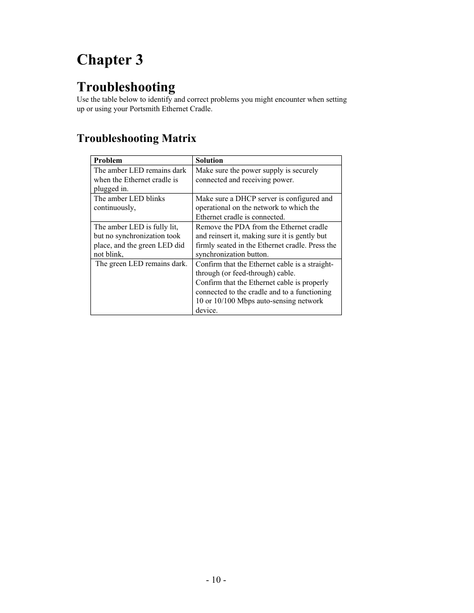 Troubleshooting, Chapter 3, Troubleshooting matrix | Portsmith PS6PM5E User Manual | Page 10 / 17