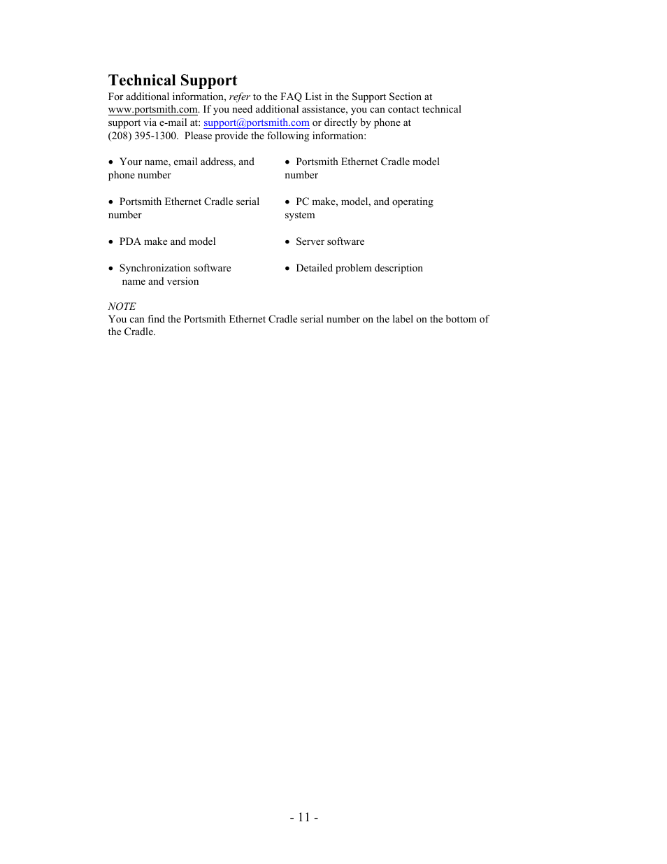 Technical support | Portsmith PS6PM5E User Manual | Page 11 / 17