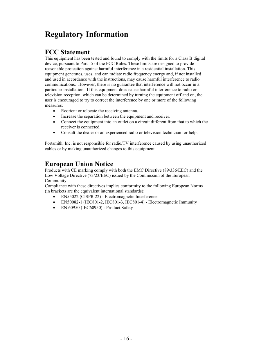 European union notice, Regulatory information, Fcc statement | Portsmith PS6PM5E User Manual | Page 16 / 17