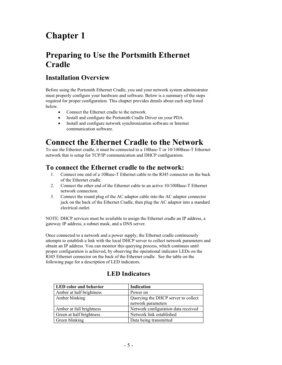 Chapter 1, Preparing to use the portsmith ethernet cradle, Connect the ethernet cradle to the network | Installation overview, Led indicators | Portsmith PS6PM5E User Manual | Page 5 / 17