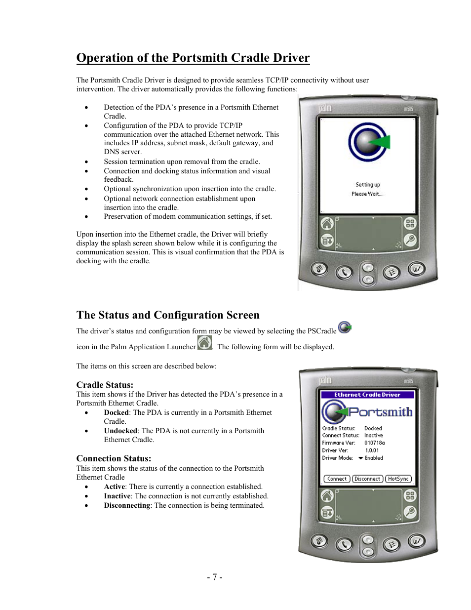 Operation of the portsmith cradle driver, The status and configuration screen | Portsmith PS6PM5E User Manual | Page 7 / 17