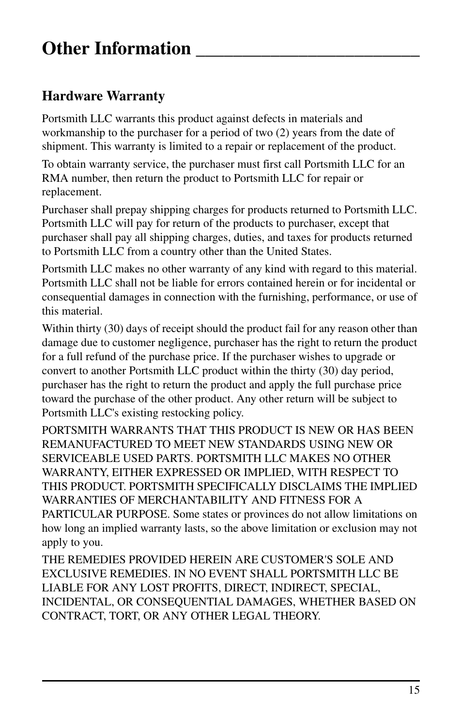 Other information, Hardware warranty | Portsmith USB User Manual | Page 20 / 27