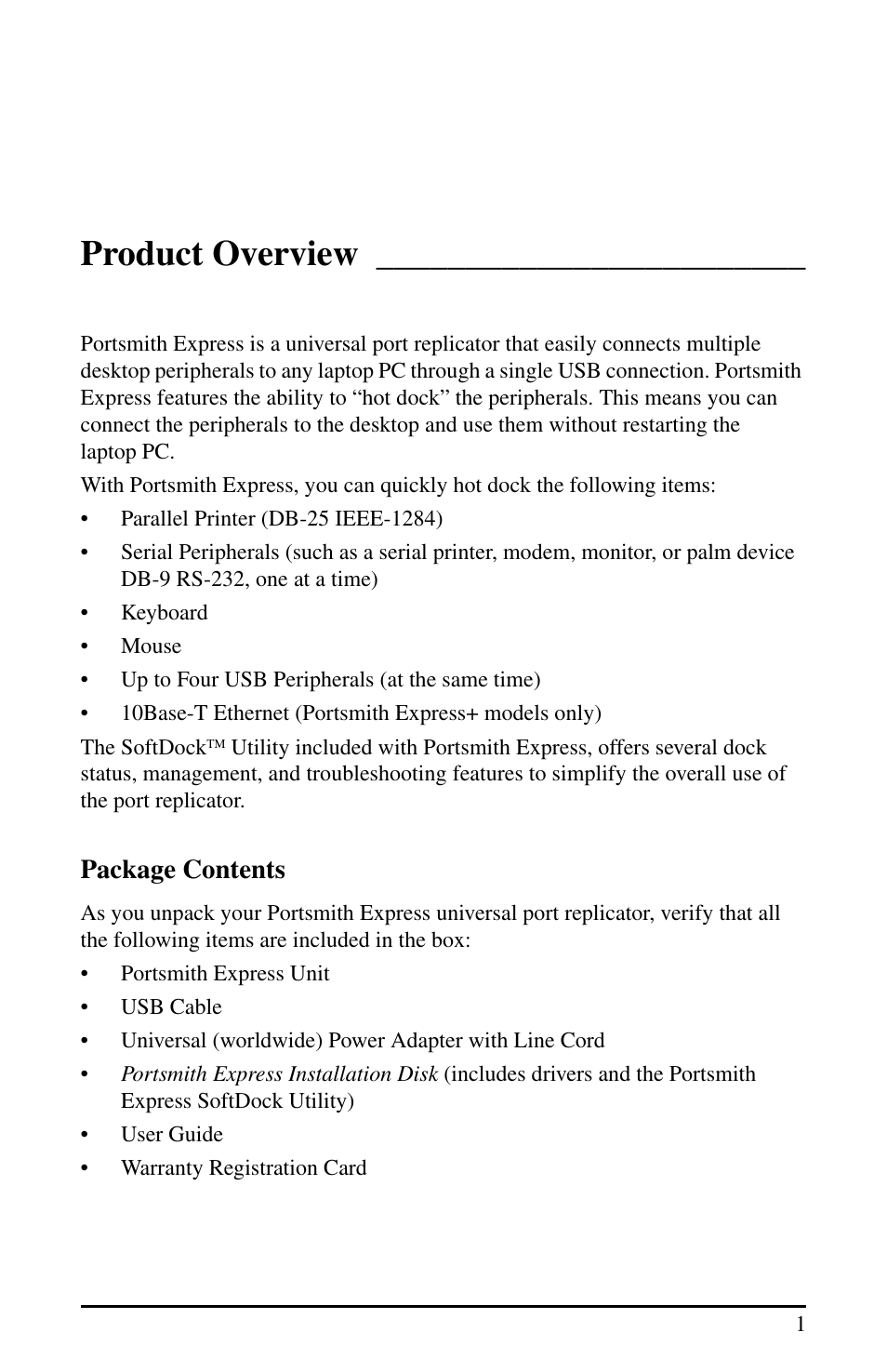 Product overview, Package contents | Portsmith USB User Manual | Page 6 / 27