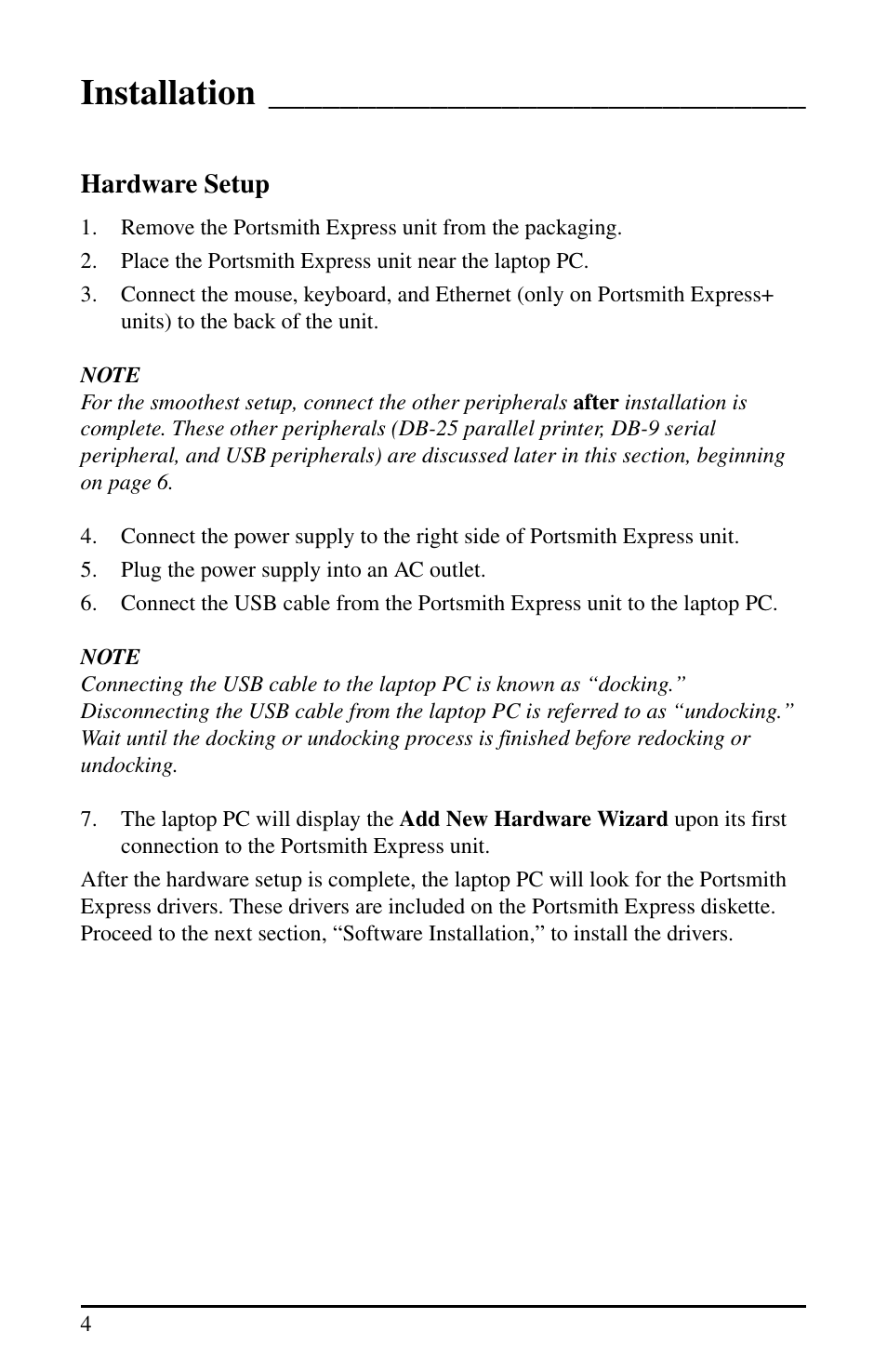Installation, Hardware setup | Portsmith USB User Manual | Page 9 / 27
