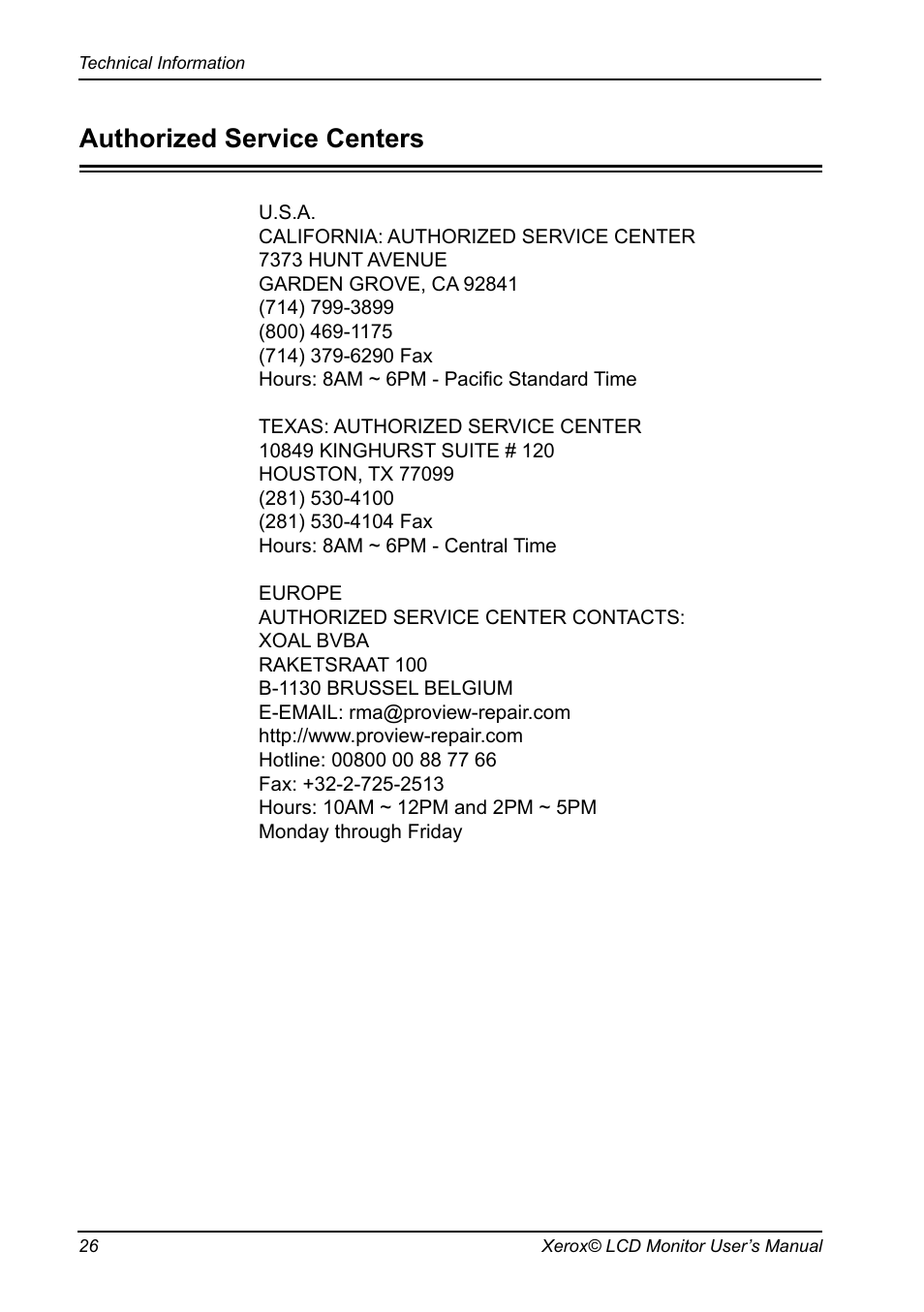 Authorized service centers | Proview XA3 Series User Manual | Page 27 / 27