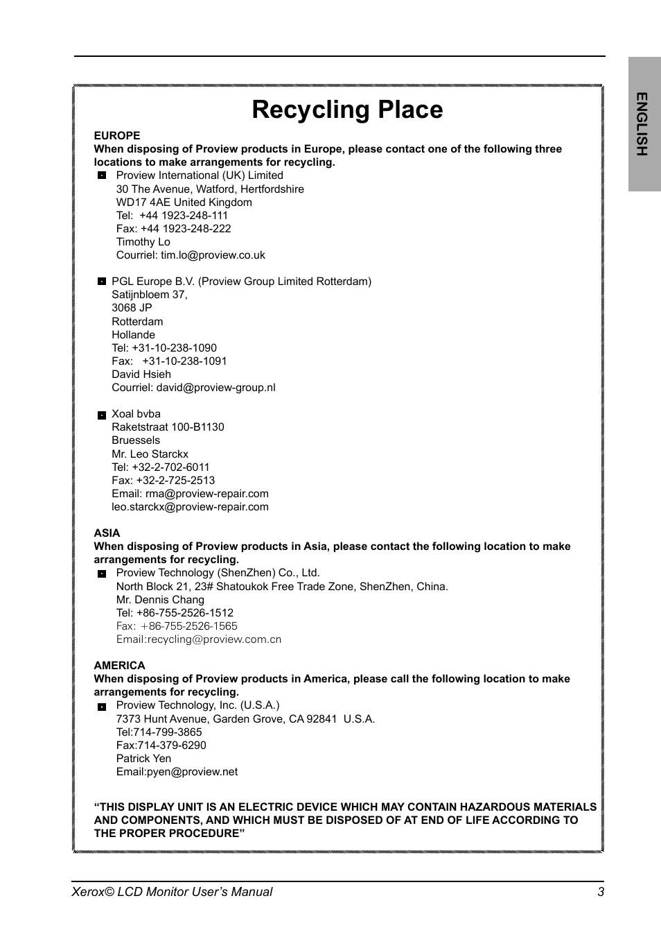 Recycling place, English | Proview XA3 Series User Manual | Page 4 / 27