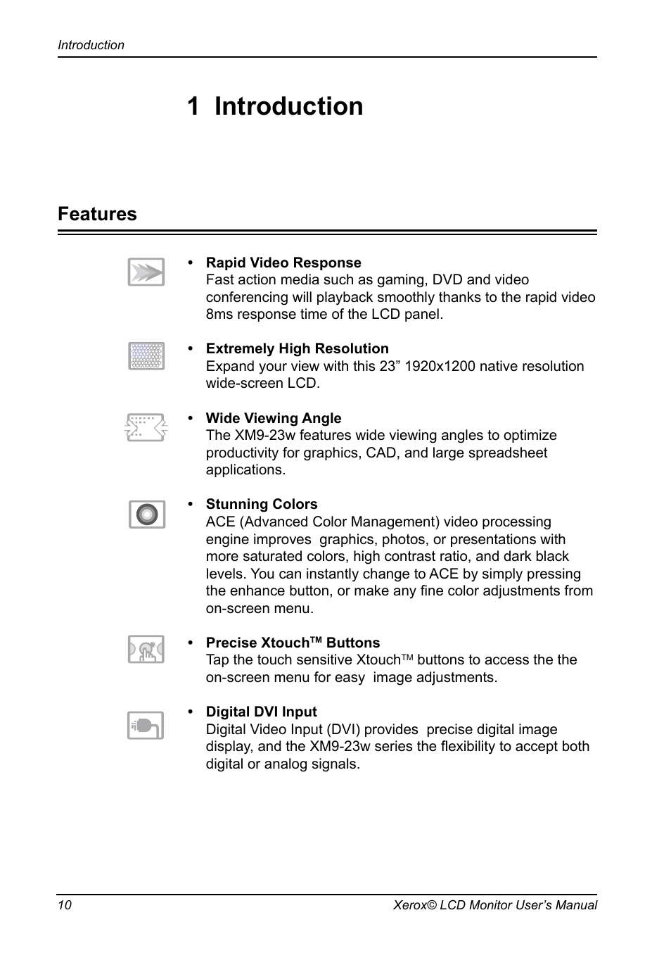 1 introduction, Features, Buttons tap the touch sensitive xtouch | 10 xerox© lcd monitor user’s manual introduction | Proview XM9-23w User Manual | Page 11 / 36