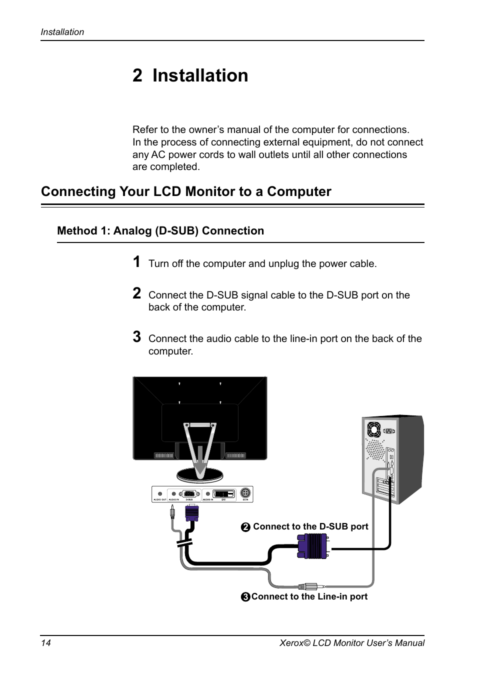 2 installation, Connecting your lcd monitor to a computer | Proview XM9-23w User Manual | Page 15 / 36