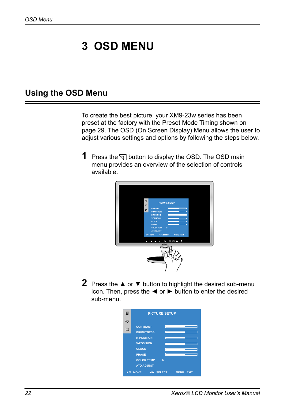 3 osd menu, Using the osd menu | Proview XM9-23w User Manual | Page 23 / 36
