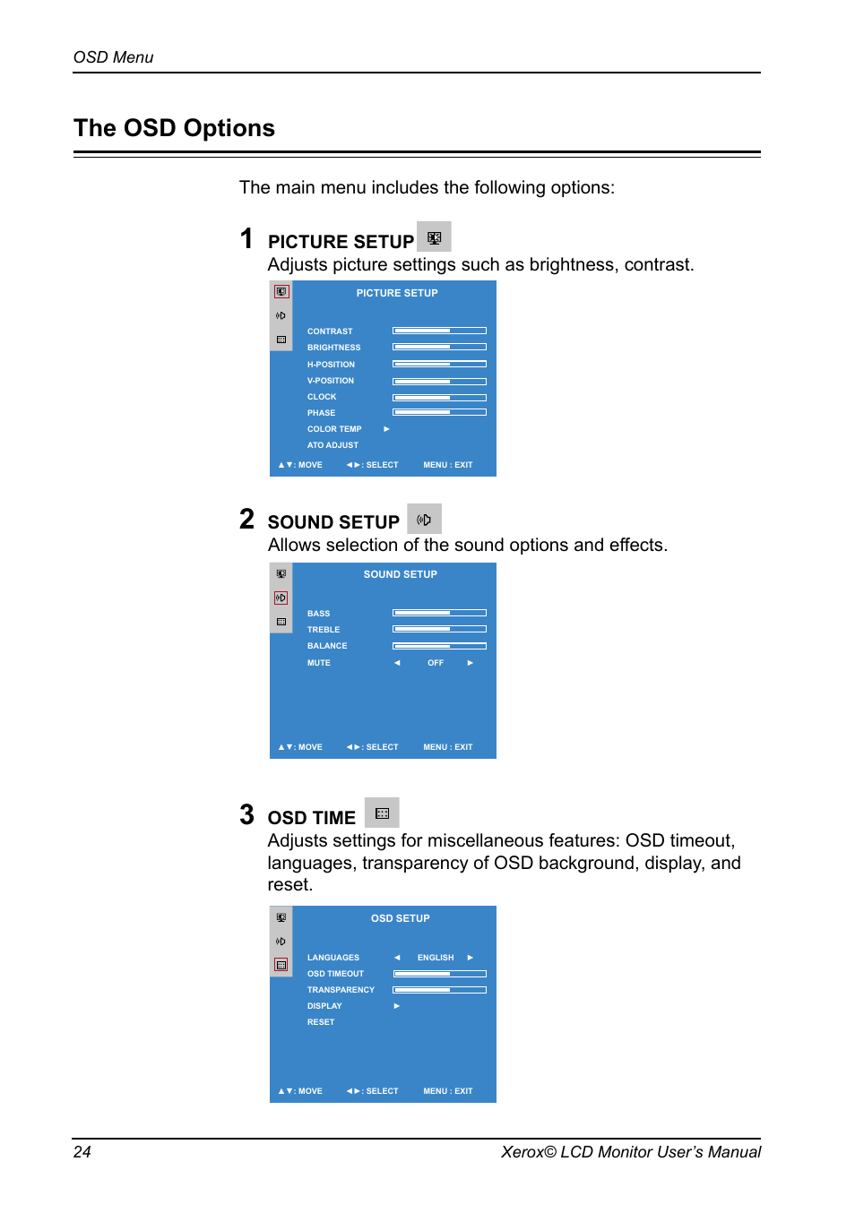 The osd options | Proview XM9-23w User Manual | Page 25 / 36