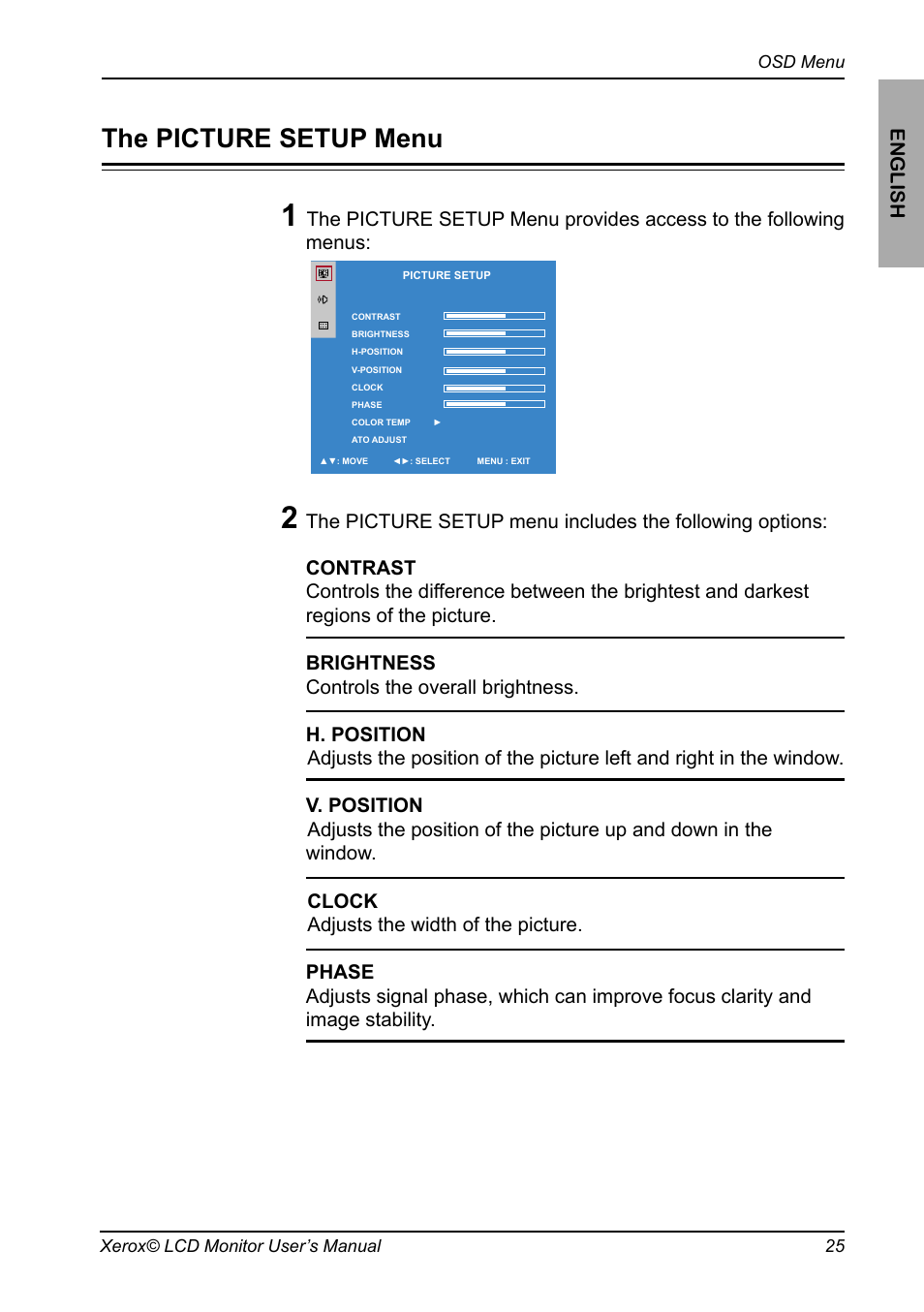 The picture setup menu | Proview XM9-23w User Manual | Page 26 / 36