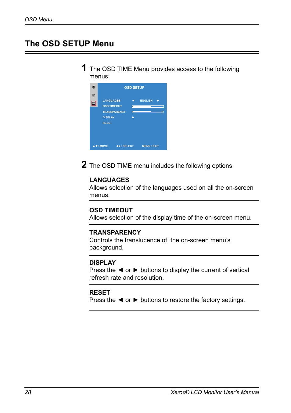 The osd setup menu | Proview XM9-23w User Manual | Page 29 / 36